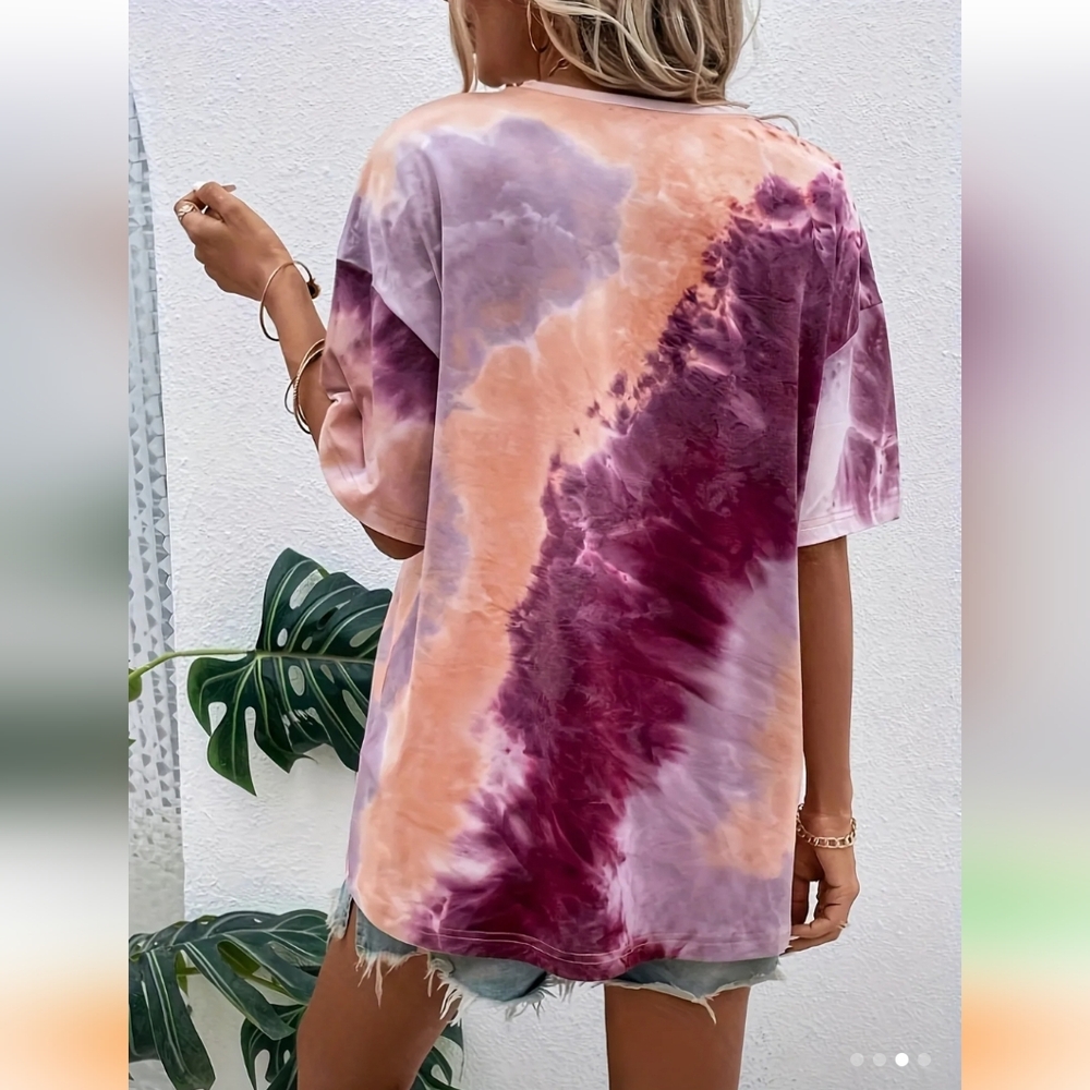 Women's Tie-Dye Top in Purple and Pink Hues, 2x Relaxed Fit - Picture 3 of 13